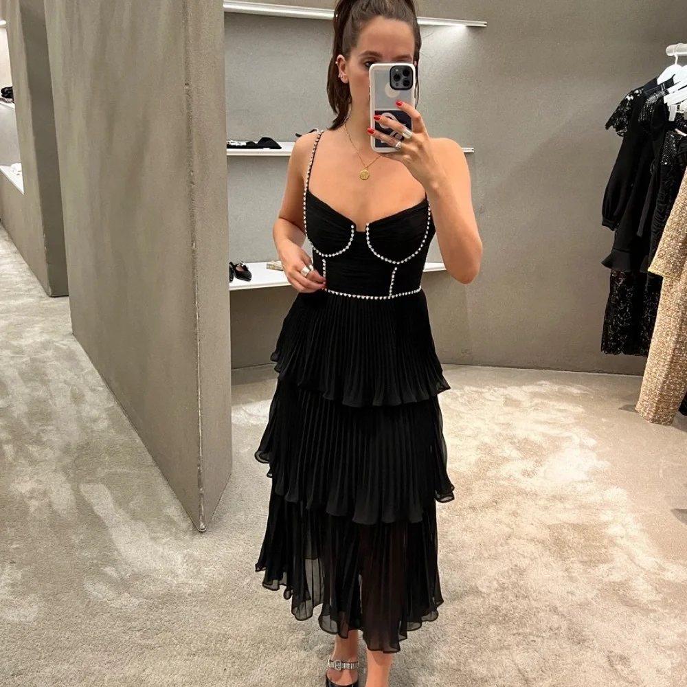 Self Portrait Black Chiffon Tiered Dress with Rhinestones - Picture 3 of 7